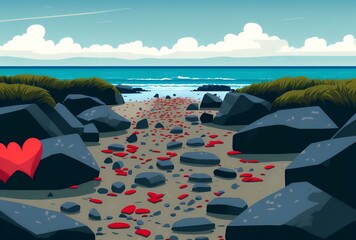 wide shot of the pebble beach with a trail of red hearts leading up to the water's edge, representing the journey of love, or the passage of time, DIGITAL ART (AI Generated)