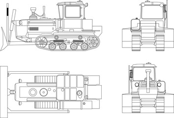 sketch vector illustration of russian crawler tractors and bulldozers