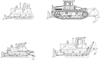 sketch of a  vector illustration of crawler tractors and bulldozers