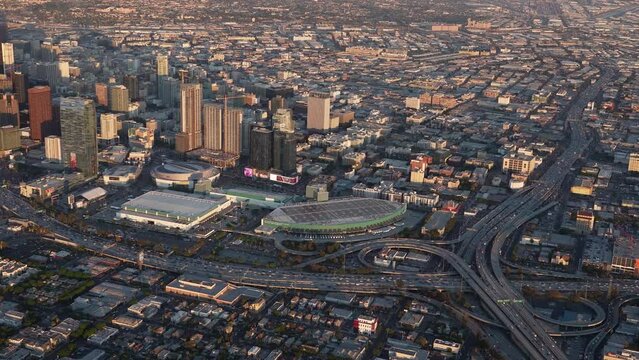 Aerial view of the Los Angeles Convention Center in Downtown Los Angeles, California