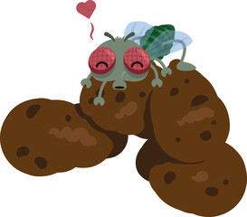 A fly happily perches on poop, ready to feast. Vector illustration.