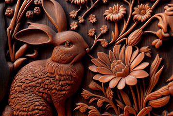 Wood carvings of rabbits and flowers on the wall background. Generative AI