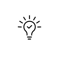 black bulb with checkmark like quick tip icon. flat stroke linear simple trend modern efficiency logotype design element isolated on white. concept of visionary info pictogram or conclusion symbol