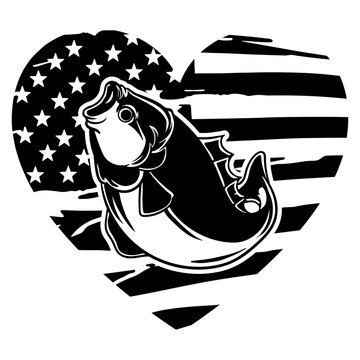Bass Fish with Us Flag Silhouette