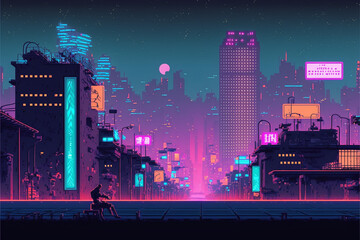 Pixel art of cyberpunk city