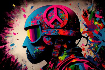 very colourful soldier with helmet and glasses with peace symbol make peace not war, generative ai