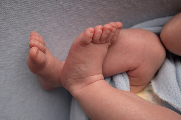 The tiny foot of a newborn. Soft feet of a newborn in a blue woolen blanket. 