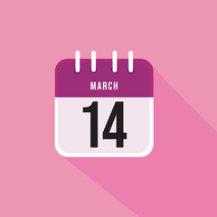 March day 14. Number fourteen on a white paper with pink border and background, calendar sheet. Vector illustration.