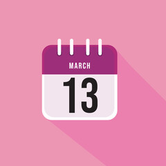 March day 13. Number thirteen on a white paper with pink border and background, calendar sheet. Vector illustration.