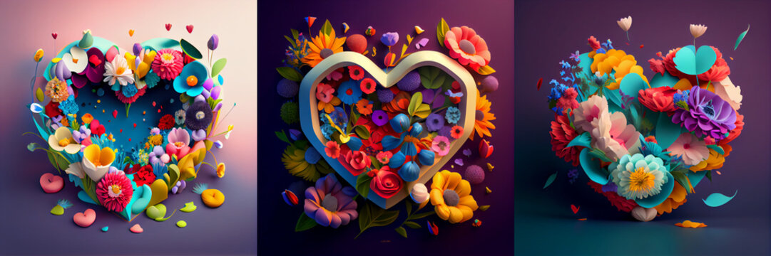 3d colorful illustration of love heart made from flowers. Abstract composition on dark background. Valentine's day present card illustration.