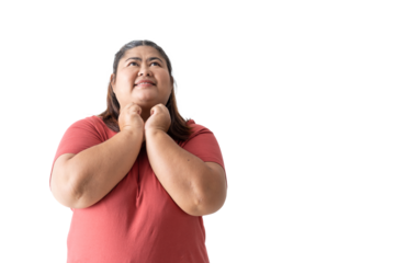 Asian fat woman looks and think while imagining her dream to get slim body, Inspiration weight loss idea concept , isolated background