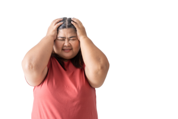 Asian fat woman, Fat girl , Chubby, overweight unhappy measuring her, isolated background