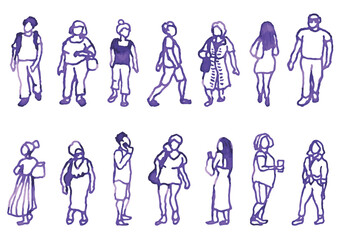 街の人々、大勢のセット。手描きのベクターデータ。夏。