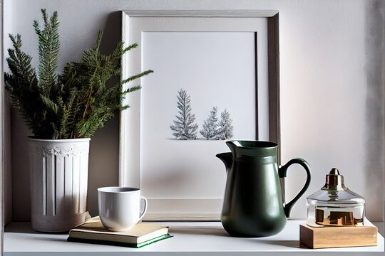 Christmas interior decor. Blank wooden picture frame mockup, white wall. Green pine tree branches in jug and old books. Grey working table. Old books. Winter home office still life - generative ai