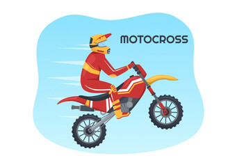 Motocross Illustration with a Rider Riding a Bike Through Mud, Rocky Roads and Adventure in Extreme Sport Flat Cartoon Hand Drawn Template
