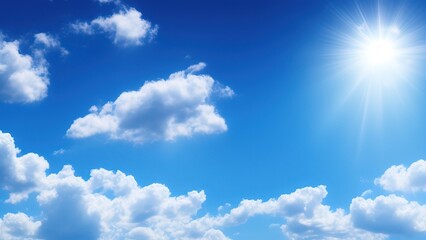 Naklejka na ściany i meble Strong sun and sky. Blue sky with clouds and sun.