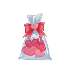 Pink heart candy in gift bag with bow illustration for decoration on wedding event and Valentine’s day.
