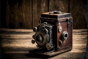 ﻿A black and white photo of a camera on a wooden surface - Generative AI