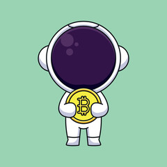 cute astronaut holding bitcoin cartoon mascot doodle art hand drawn outline concept vector kawaii icon illustration