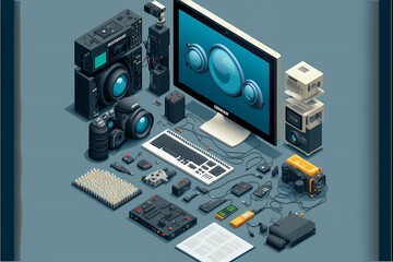 Obraz premium ﻿A computer with many electronic devices - Generative AI