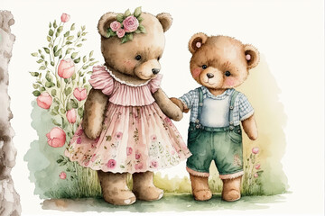 Two dressed up teddy bears holding hands  watercolor, Generative AI