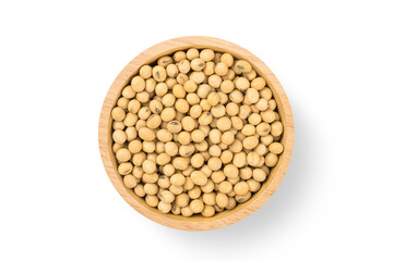 Soybeans in wooden bowl on white . top view
