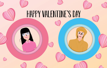 Young teenagers in circles of sweet colors. Minimal greeting card Happy Valentine's Day. decorate with paper cut heart elements. vector illustration on paper frame