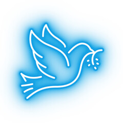 Neon blue dove, flying bird icon on transparent background