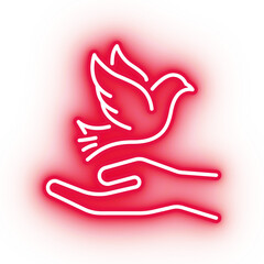 Neon red dove, flying bird icon on transparent background