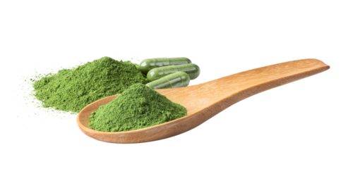 Green Kariyat herbal powder and capsule in wood spoon on transparent png