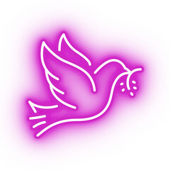 Neon pink dove, flying bird icon on transparent background
