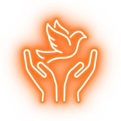 Neon orange dove, flying bird icon on transparent background