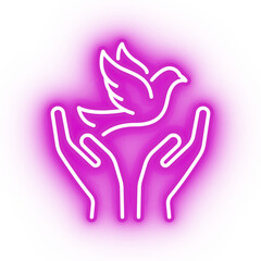 Neon pink dove, flying bird icon on transparent background