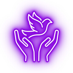 Neon purple dove, flying bird icon on transparent background