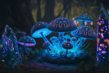 Blue Glowing Mushrooms - Generative AI