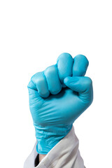 Doctor usando un guante de látex usando lenguaje de señas para hacer la letra ¨s¨