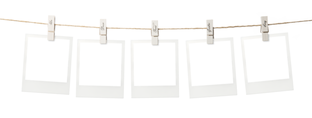 紐で吊るされたポラロイド写真の背景テクスチャー