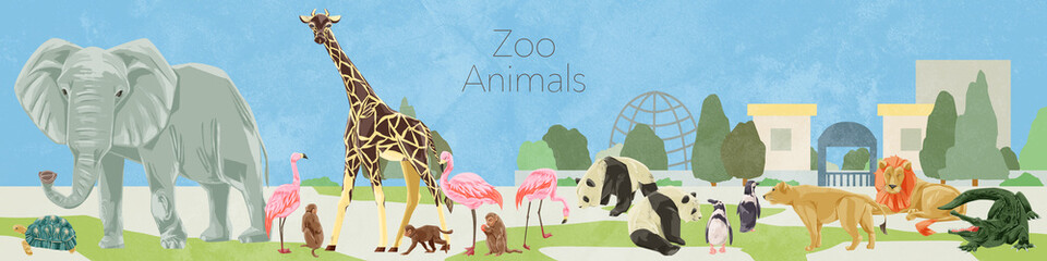 動物園の動物大集合手描き水彩風イラスト
