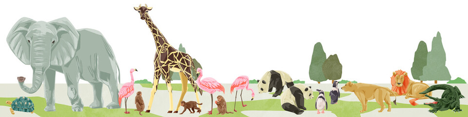 動物園の動物大集合手描き水彩風イラスト