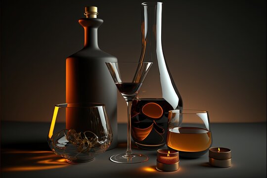 AI-generated photorealistic illustration of apéritifs and digestifs, and glassware. MidJourney.