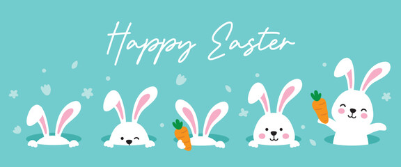 Cute spring Easter bunny rabbits coming out of the ground hole vector illustration. White bunnies peeking out of the rabbit hole.