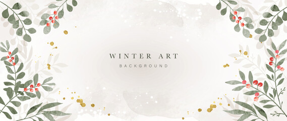 Winter botanical watercolor leaf branches background vector illustration. Hand painted winter foliage, eucalyptus, berry and gold brush texture. Design for poster, wallpaper, banner, card, decoration.