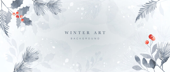 Winter botanical watercolor leaf branches background vector illustration. Hand painted watercolor foliage, berry, pine leaves, holly sprig. Design for poster, wallpaper, banner, card, decoration.