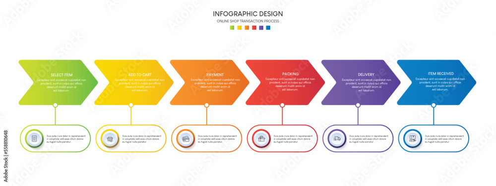 Poster process of online shopping with 6 steps. steps business timeline process infographic template