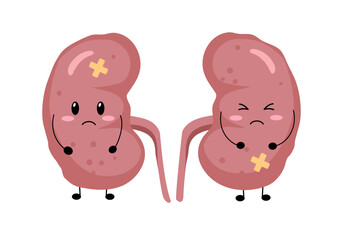 Cute sad sick kidney cartoon character in flat design on white background. Unhealthy kidney disease concept vector illustration.