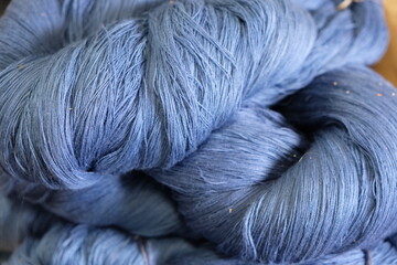 indigo dyed yarn, blue color,natural cotton yarn. Natural fibers thread from natural cotton dyed with natural color , Thailand.