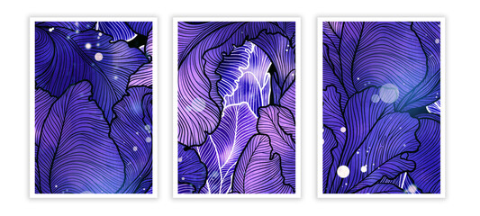 Wall art: ornamental iris flowers with veins and swirls. Triptych. Mixed media: watercolour and digital. 
