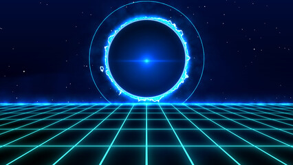 Retro Sci-Fi Background Futuristic Grid landscape of the 80s. Digital Cyber Surface. Suitable for design in the style of the 1980`s. 3D illustration