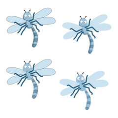 Vector blue dragonfly with cartoon eyes smiling on a white background flat with shadows with a stroke