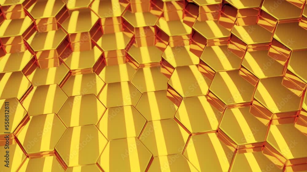 Poster futuristic hexagon background. 3d render. abstract animation. golden shapes. random motion. seamless